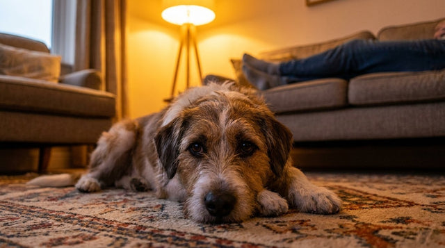Brown and white dog lying on a rug, chin on paws, staring into the camera with a patient loving gaze