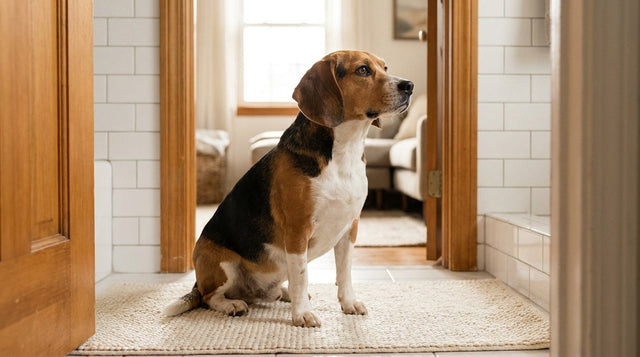 Beagle sitting attentively on a bath mat in a bright bathroom doorway, watching with total focus