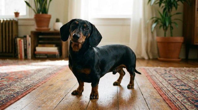 Black and tan dachshund standing on a wooden floor, looking at the camera with a confident expression