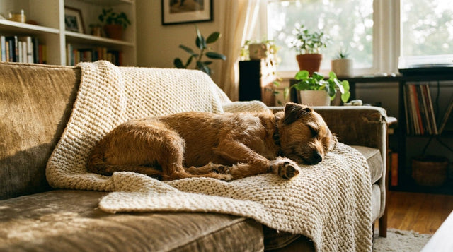 Scruffy brown dog fast asleep on a cream knitted blanket on a couch, one paw mid-twitch in a dream