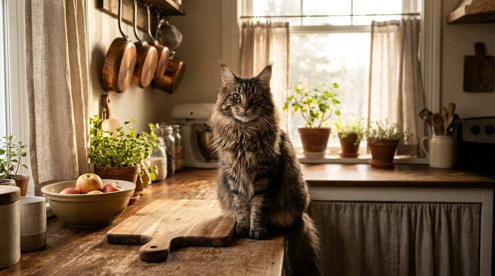 Large brown tabby maine coon sitting on a kitchen counter beside a cutting board, watching attentively