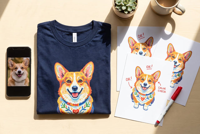 Phone with a corgi photo next to a folded navy custom t-shirt printed with the same corgi, with approved proof sheets