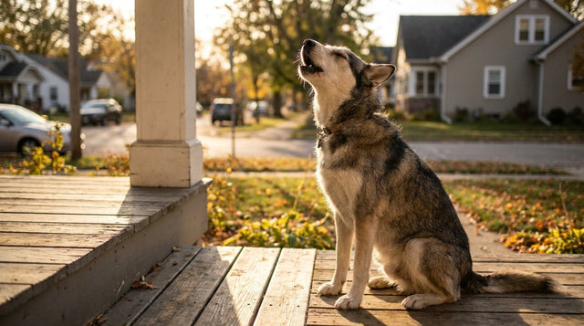 Husky-mix dog sitting on a porch with head tilted back mid-howl, eyes half closed