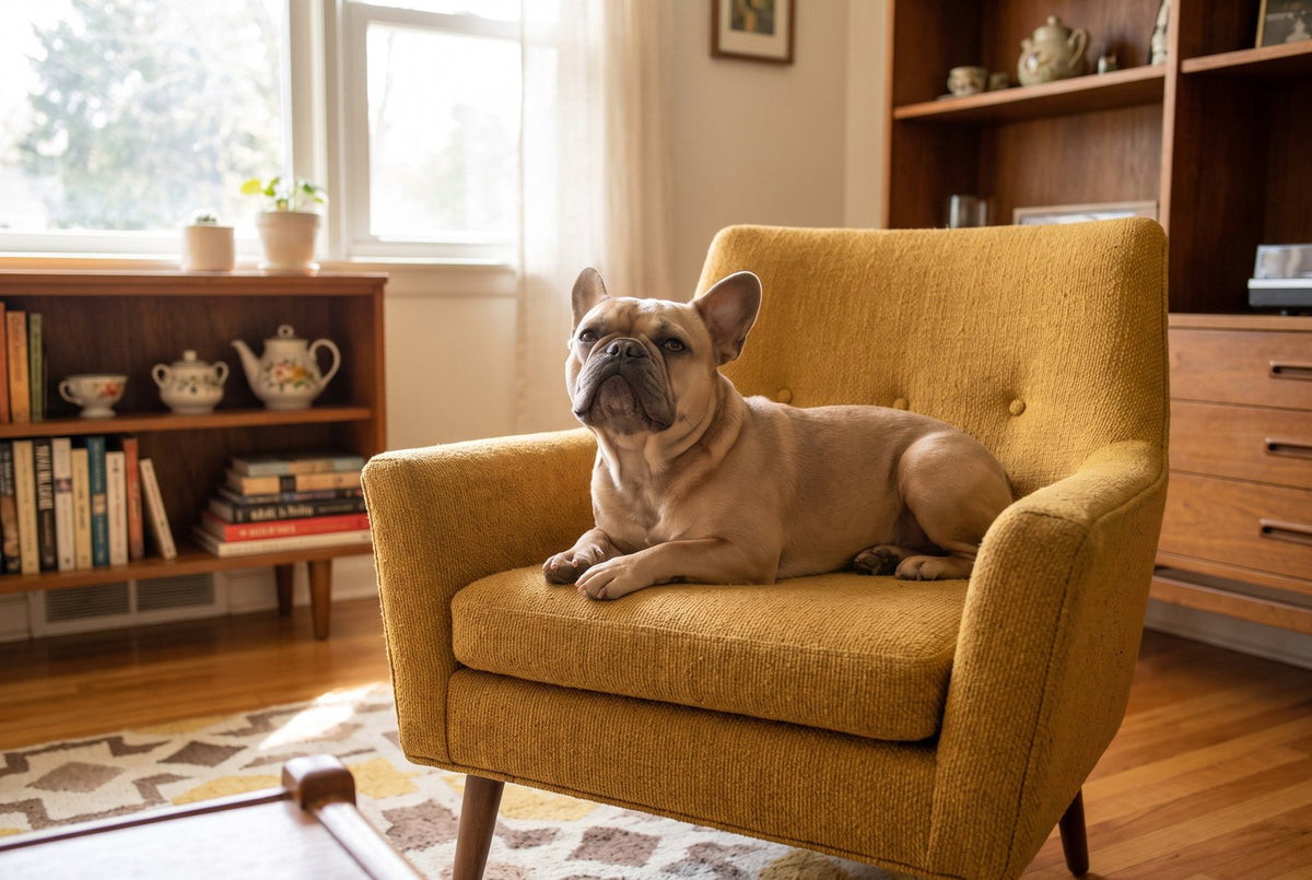 Fawn french bulldog lounging on a mustard armchair with a self-satisfied expression
