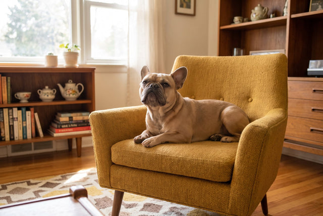 Fawn french bulldog lounging on a mustard armchair with a self-satisfied expression
