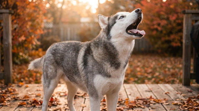Siberian husky with blue eyes mid-vocalization on an autumn deck, looking like it is mid-argument