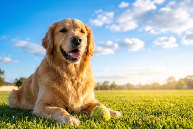 Golden retriever smiling on a sunny lawn with a tennis ball beside its front paws