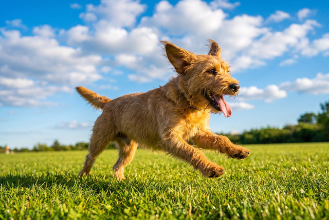 Happy scruffy dog running across a sunny green lawn under a blue sky, ears flying