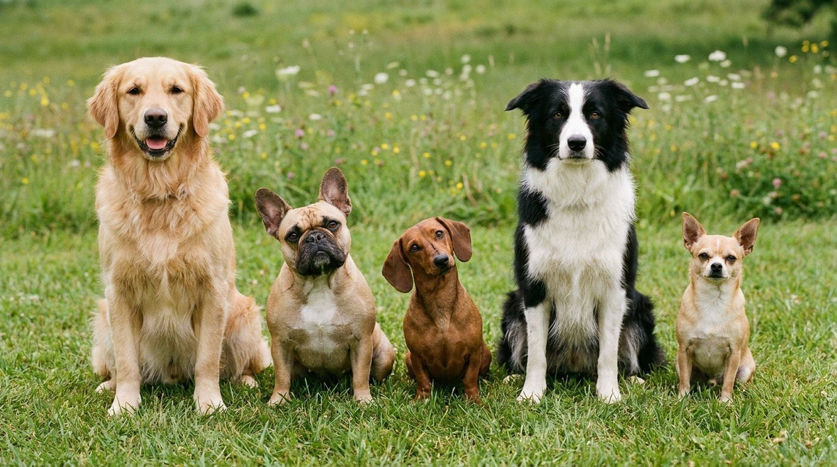 Five dogs of different breeds sitting side by side on a lawn, each with a slightly different expression